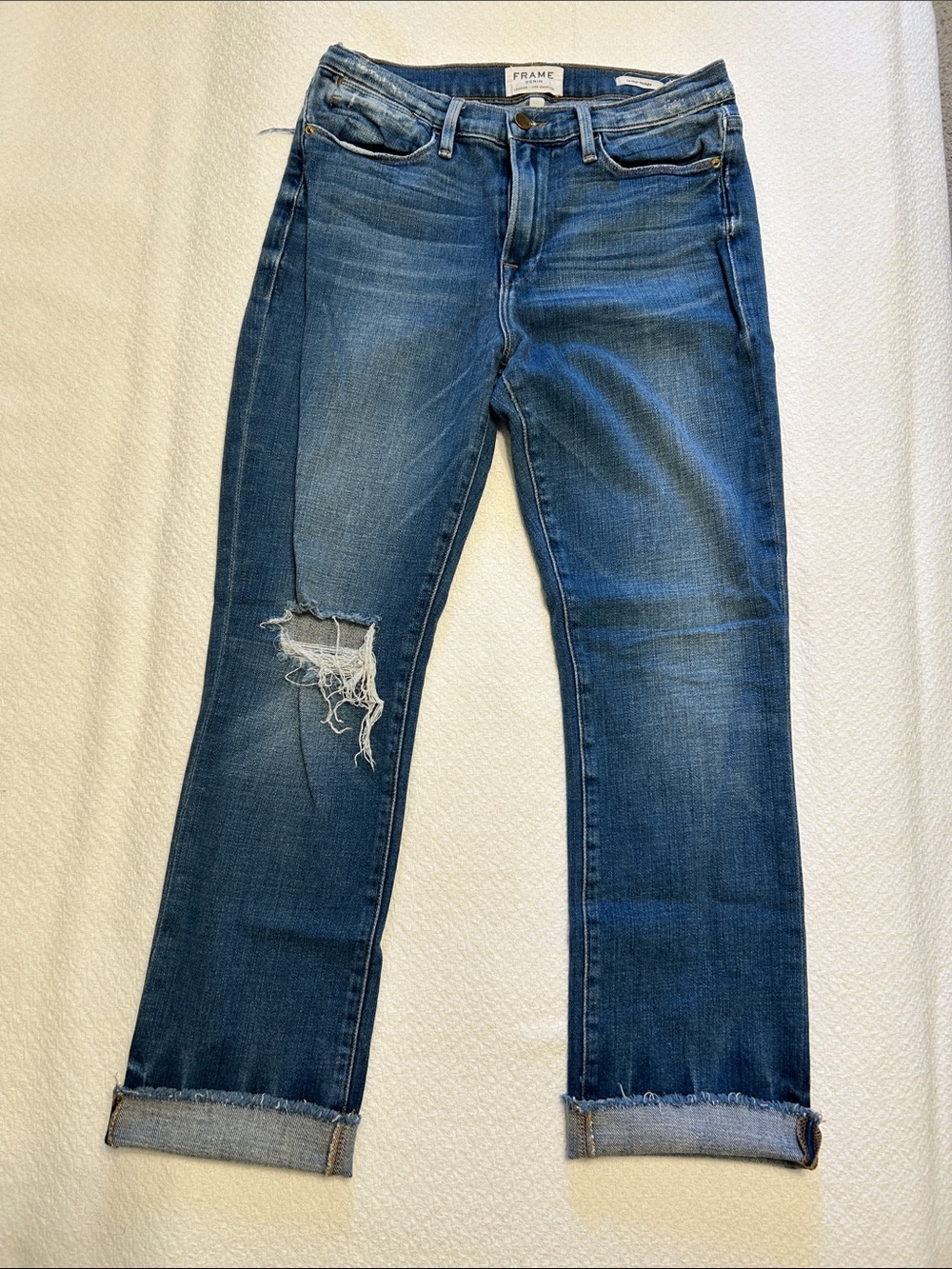 Frame Denim High-Rise Straight Distressed Relaxed Jeans in Medium Blue